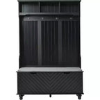 Banc d'entrée de 119 cm de large, portemanteau 4-en-1 avec rangement, 4 crochets et coussin, organisateur de chaussures peu encombrant pour buanderie, noir