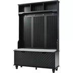 Banc d'entrée de 119 cm de large, portemanteau 4-en-1 avec rangement, 4 crochets et coussin, organisateur de chaussures peu encombrant pour buanderie, noir