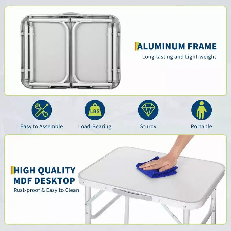 Table de camping pliante en aluminium 24"x17", hauteur réglable 9"-23", table portable légère