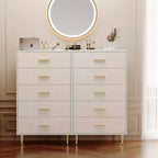 Commode à 8 tiroirs, commode blanche pour chambre à coucher, commode à motif en tissu avec poignées et pieds en métal doré pour salon, couloir
