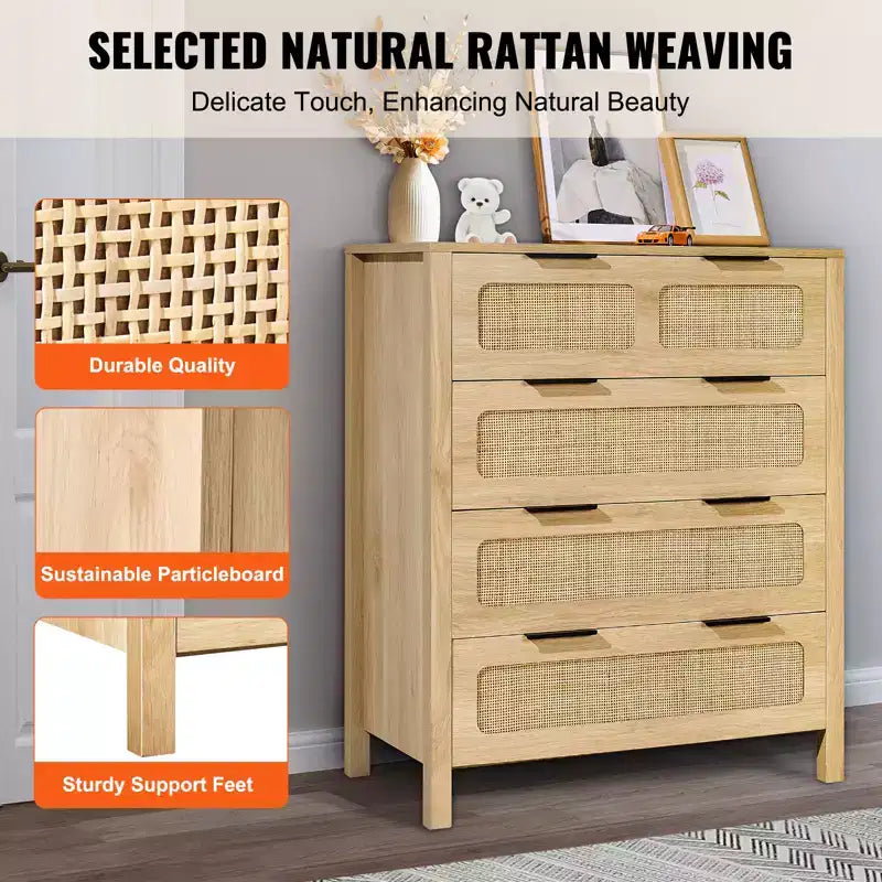 Commode 4 tiroirs en rotin, couleur bois naturel