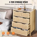 Commode 4 tiroirs en rotin, couleur bois naturel
