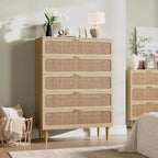 Commode haute en rotin à 5 tiroirs avec plateau large, commode de rangement profonde pour chambre à coucher, salon, placard, finition bois naturel