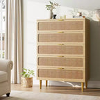Commode haute en rotin à 5 tiroirs avec plateau large, commode de rangement profonde pour chambre à coucher, salon, placard, finition bois naturel