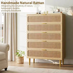 Commode haute en rotin à 5 tiroirs avec plateau large, commode de rangement profonde pour chambre à coucher, salon, placard, finition bois naturel