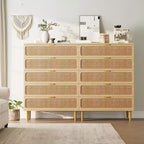 Commode haute en rotin à 5 tiroirs avec plateau large, commode de rangement profonde pour chambre à coucher, salon, placard, finition bois naturel
