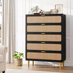 Commode haute en rotin à 5 tiroirs avec plateau large, commode de rangement profonde pour chambre à coucher, salon, placard, finition bois naturel
