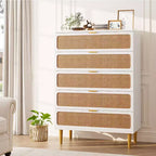Commode haute en rotin à 5 tiroirs avec plateau large, commode de rangement profonde pour chambre à coucher, salon, placard, finition bois naturel