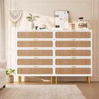 Commode haute en rotin à 5 tiroirs avec plateau large, commode de rangement profonde pour chambre à coucher, salon, placard, finition bois naturel