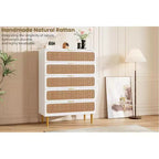 Commode haute en rotin à 5 tiroirs avec plateau large, commode de rangement profonde pour chambre à coucher, salon, placard, finition bois naturel