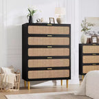 Commode haute en rotin à 5 tiroirs avec plateau large, commode de rangement profonde pour chambre à coucher, salon, placard, finition bois naturel