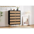Commode haute en rotin à 5 tiroirs avec plateau large, commode de rangement profonde pour chambre à coucher, salon, placard, finition bois naturel