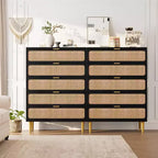 Commode haute en rotin à 5 tiroirs avec plateau large, commode de rangement profonde pour chambre à coucher, salon, placard, finition bois naturel