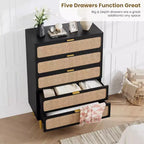Rattan 5-Drawer Tall Dresser with Wide Top, Deep Storage Chest for Bedroom, Living Room, Closet, Natural Wood Finish